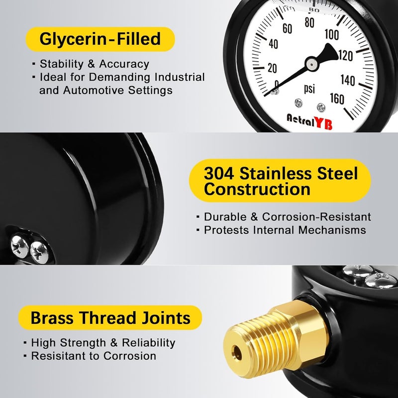 AetralYB 0-160 Psi Pressure Gauge,Stainless Steel Case,Glycerin Liquid Filled, 2.5" Dial Size, 1/4" NPT Lower Mount, IP67 Waterproof,for Water Pump, Air Compressor, Well Pump, RV Regulator - Image 3